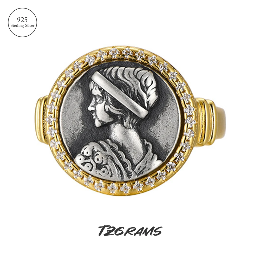 

TZgrams Real 925 Silver Ancient Coin Ring Women Cameo Greek Portrait Gold Plated Finger Rings Vintage Jewelry Birthday Gift