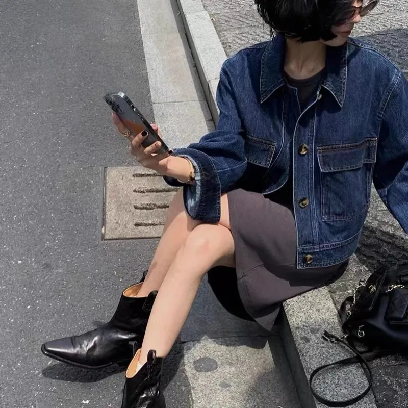 

Новинка Осень 2023 темно-синяя хлопковая короткая джинсовая куртка в стиле ретро повседневный универсальный топ