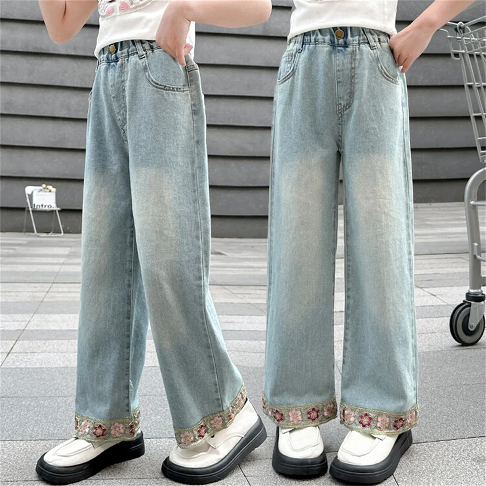 

2731 Tencel Side Lace Jeans Children's Jeans Summer Thin Denim Wide Leg Pants Denim Straight Leg Pants Girls' Jeans