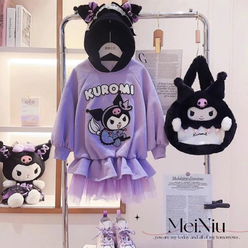 

Платье для девочек Kawaii Kuromi Осень-Зима Новинка корейский стиль детская Вельветовая сетчатая модная детская толстовка юбка