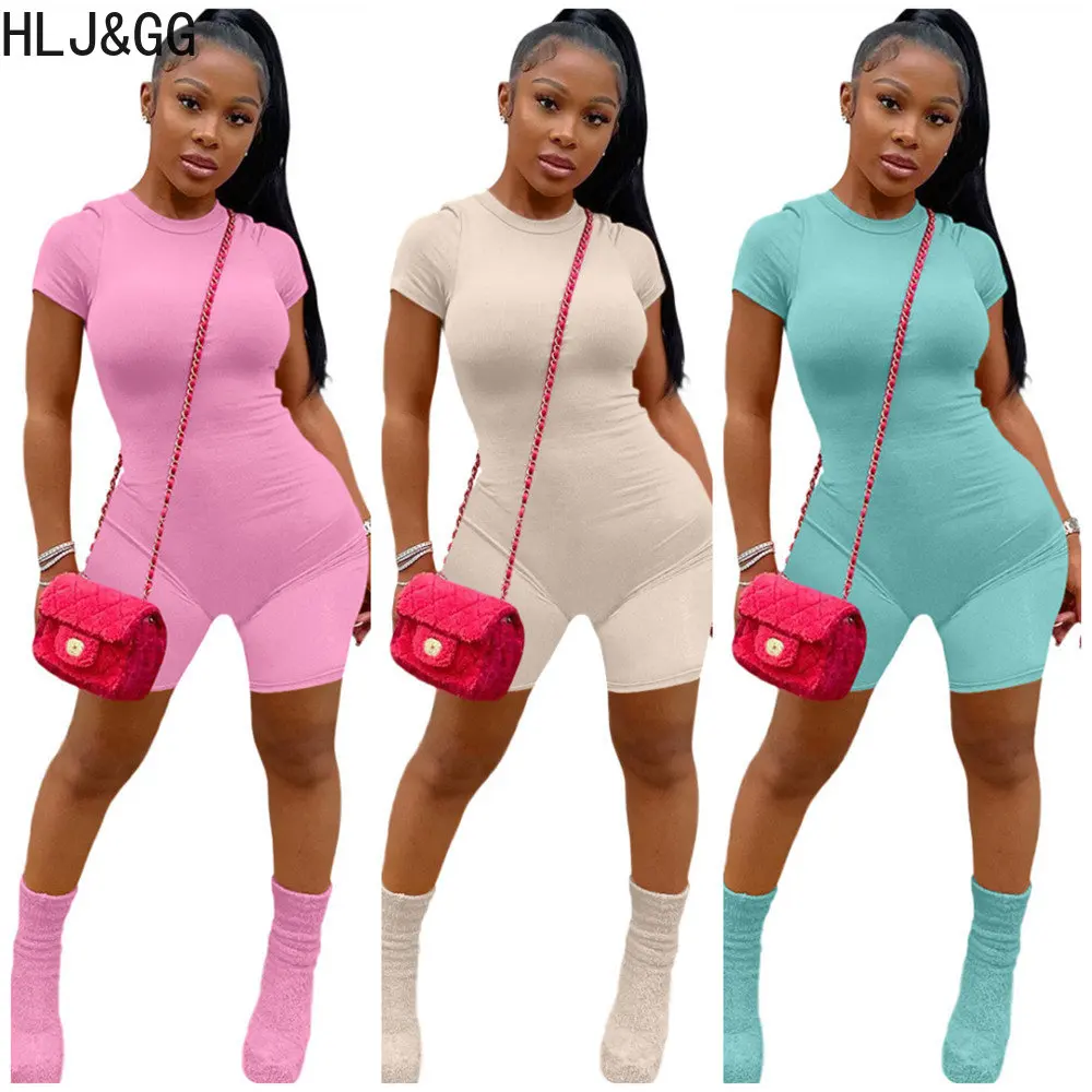 

HLJ&GG Women Ribber Elasticity Bodycon Rompers Casual Round Neck Short Sleeve Slim Jumpsuits Summer Solid Color Sporty Overalls