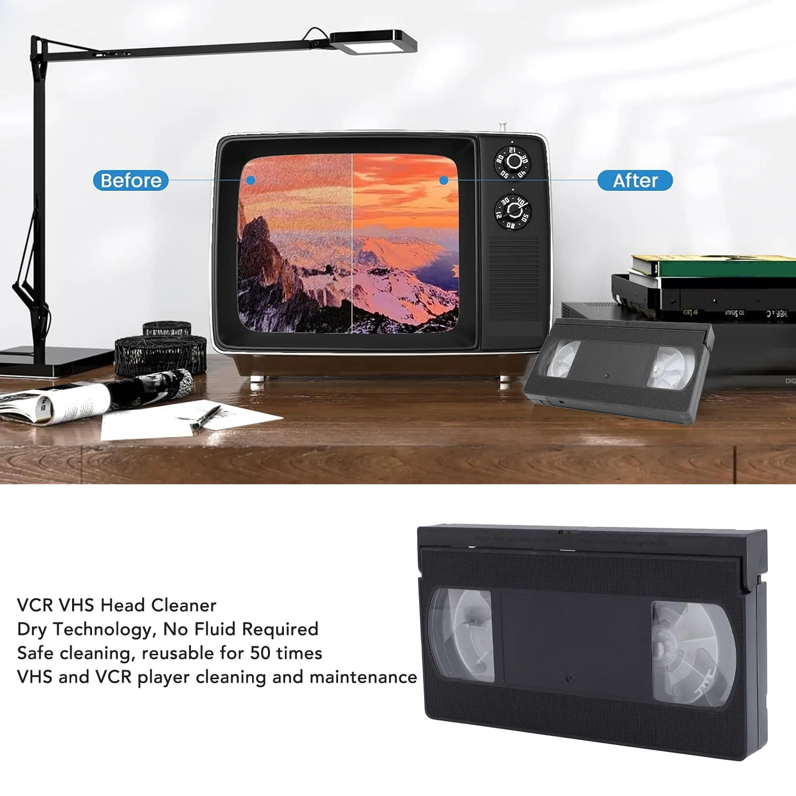 VCR Head Cleaner VCR VHS Head Cleaner Reusable Video Player Head Cleaning Tool Dry Technology No Fluid Required VHS Head Cleaner