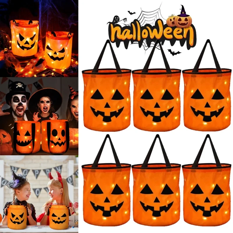 LED Light Halloween Trick or Treat Bucket Pumpkin Candy Bags ...