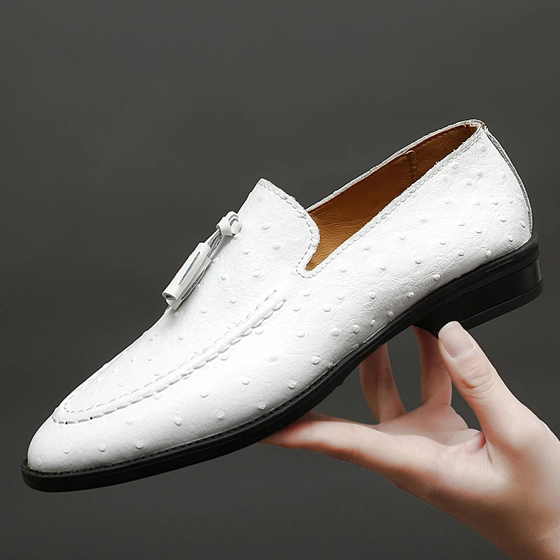 White Tassel Men's Leather Shoes Casual Moccasin Homme Men's Oxford Shoes Flat Boat Business Loafers