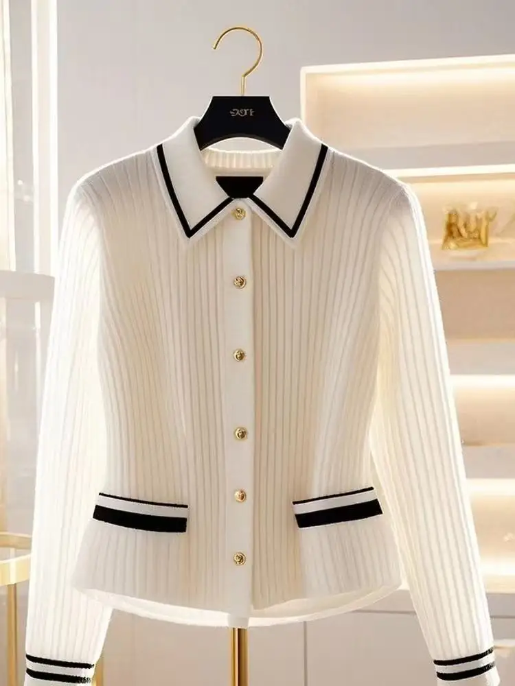 High Quality Office Lady Polo Collar Wool Sweater Women Fashion Solid Stripe Cashmere Knit Cardigan Winter French Soft Knitwear 2