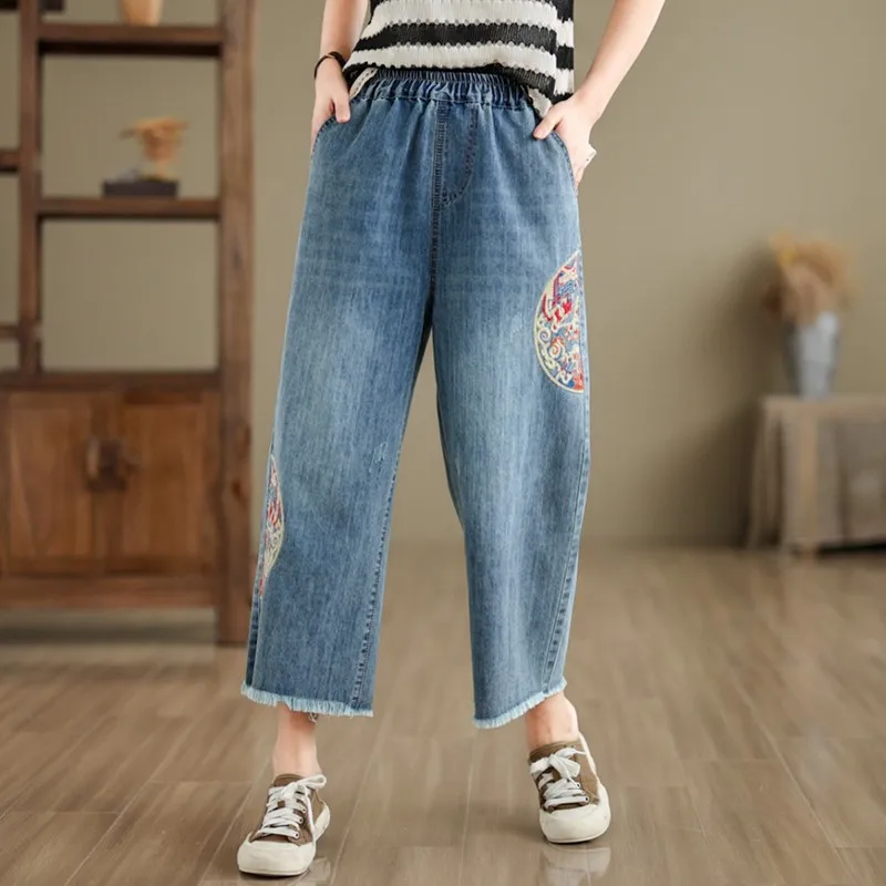 

2024 New Arrival Summer Women Vintage Embroidery Cotton Ankle-length Pants All-matched Elastic Waist Wide Leg Pants Jeans S201