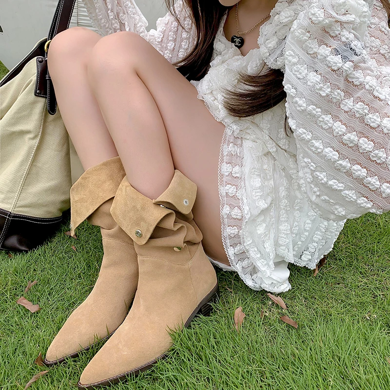 

Mid-Calf Shoes Cowgirls Cool Western Boots Cow Suede Daily Botas Green Color Spring Autumn Woman Slip On Simple Woman Boots