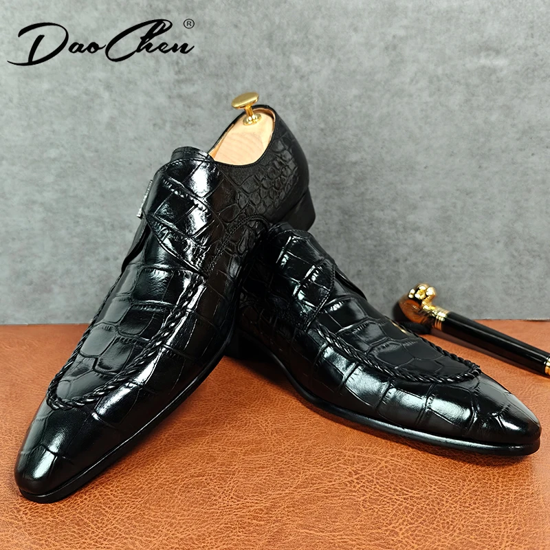 Luxury Brand Men Leather Shoes Slip-On Black Crocodile Print Woven Pattern Loafers Mens Dress Shoes Wedding Office Shoes For Men 3