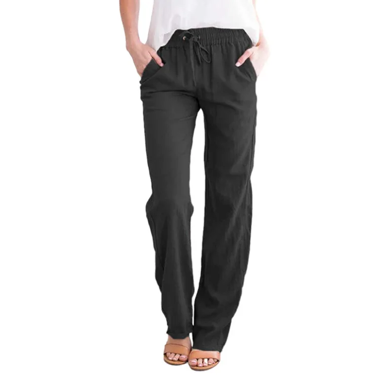 Summer Women's Solid Color High Waist Lace-up Wide Leg Straight Leg Women's Trousers Cotton Hemp Loose Casual Pants