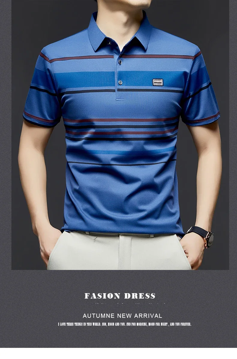 BROWON Brand 2025 Summer Shorts Polo Shirt Men Tshirt Luxury Wide Striped Lapel Collared Polo Shirt for Work Business Men 11 S425c764d271749e0bede73d63c15e29dt