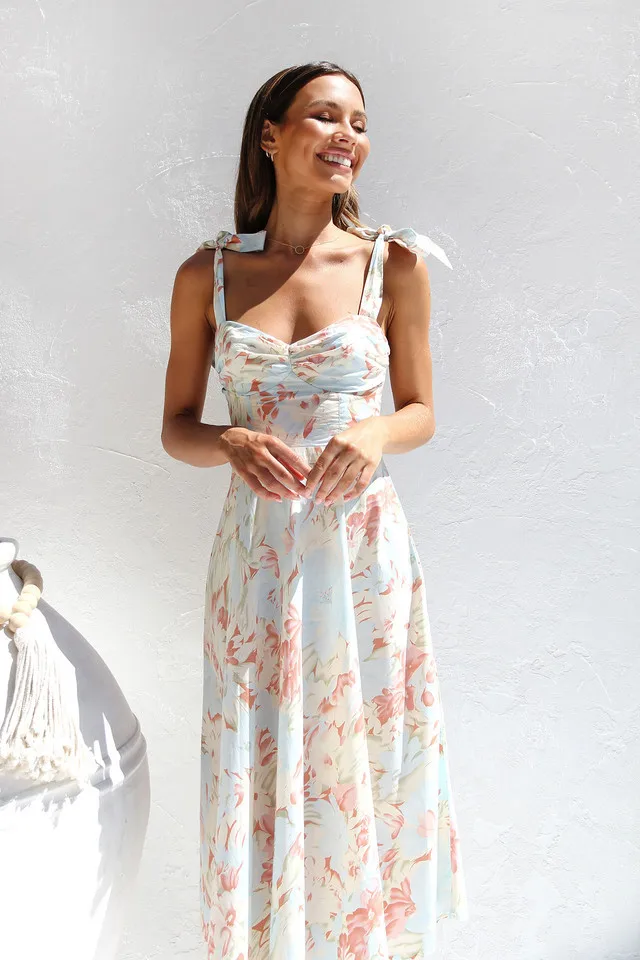 

Summer New Fashion Personalized Waist Wrapped V-Neck Strap Print Mid Length Dress