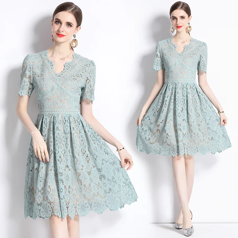 

European station summer new fashion temperament waist v-neck lace water-soluble lace dress AZ6932085