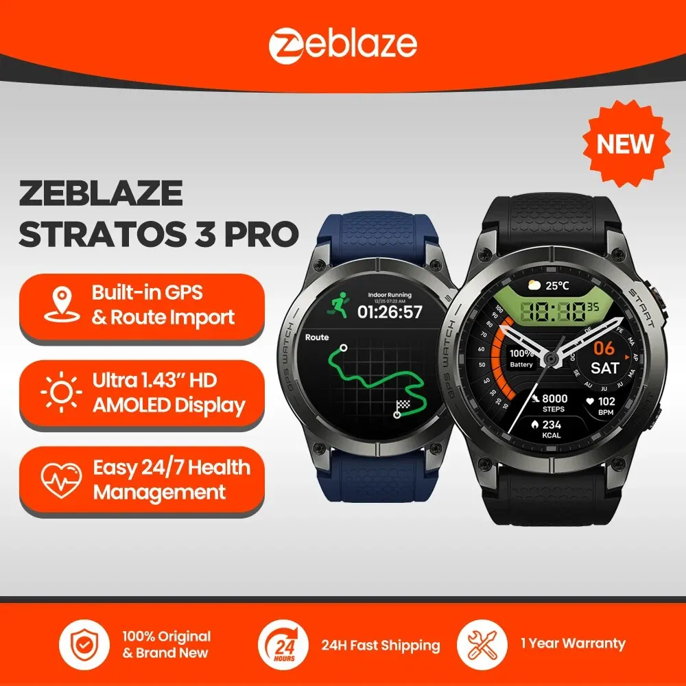 New Zeblaze Stratos 3 PRO GPS Smart Watch Built-in GPS & Route Import AMOLED Display Bluetooth Phone Calls Smartwatch