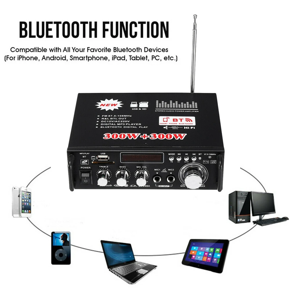 Car Stereo Amplifier 12V/ 220V BT-298A 2CH LCD Display 300W+300W Digital HIFI Audio Stereo Power Amplifier Bluetooth FM Radio With Remote Control EU