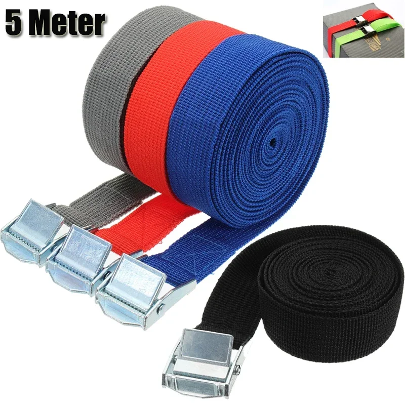 1Pc 5m Car Tension Rope Tie Down Strap Strong Ratchet Belt 25mm Luggage Bag Cargo Lashing With Rope Tensioner Metal Buckle Tow