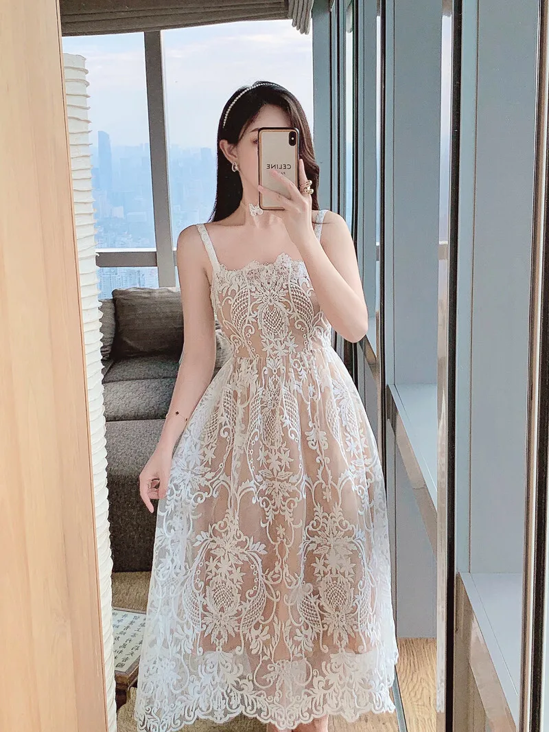 Square Neck Lace Embroidery Elegant Long Dress Fairycore Waist Sleeveless Camisole Dresses Women 2025 Spring Summer 23A8639