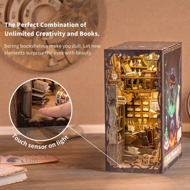 CUTEBEE DIY Book Nook Kit Miniature Doll House Home Touch Light Dust Cover Model Building Toys Gifts Magic Pharmacist 4