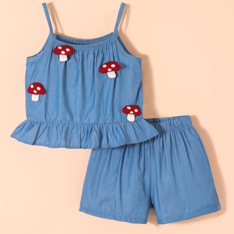 2pc/Set Baby Girl Set Summer Cotton Solid Color Mushroom Print Tank Top And Shorts Girls' Set Simple Casual Baby Girl Clothing