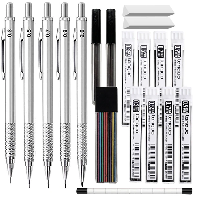 20pcs Full Metal Machanical Pencils Set 0.3 0.5 0.7 0.9 2.0mm Pencils with Storage Case, Pencils Lead,Eraser School Stationery 1
