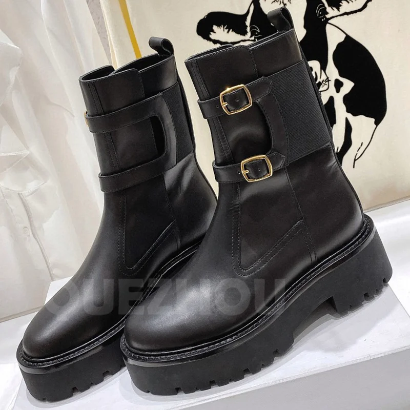 

Women Short Boots Spring Autumn Genuine Leather Upper Belt Buckled Decor Round Toe Ankle Boots Fashion Versatile Female Shoes