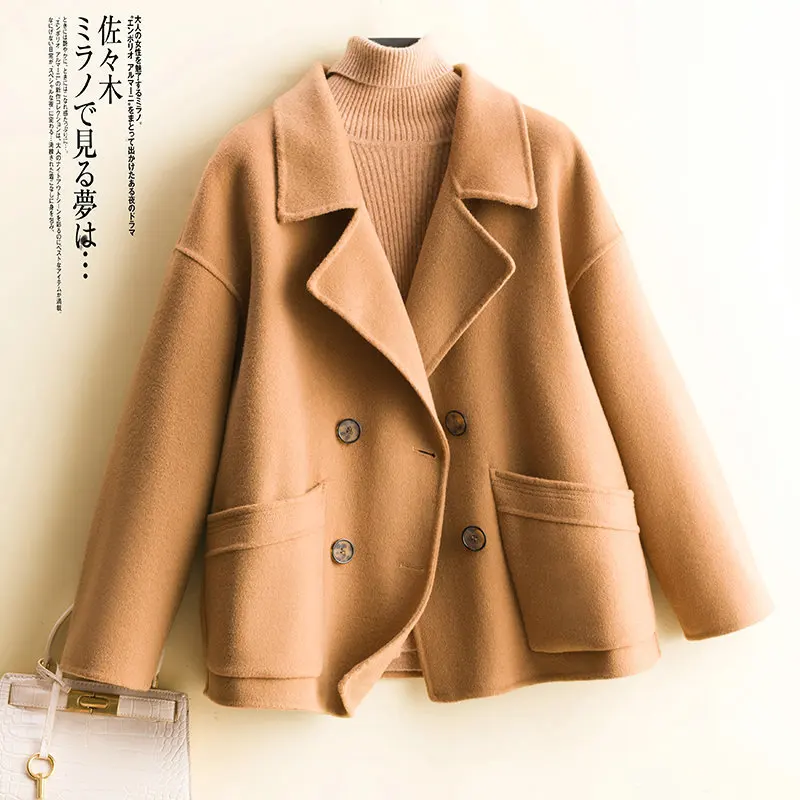 

New Double sided Cashmere Coat Women's Short Suit Collar Double breasted Small Figure Temperament Woolen Coat