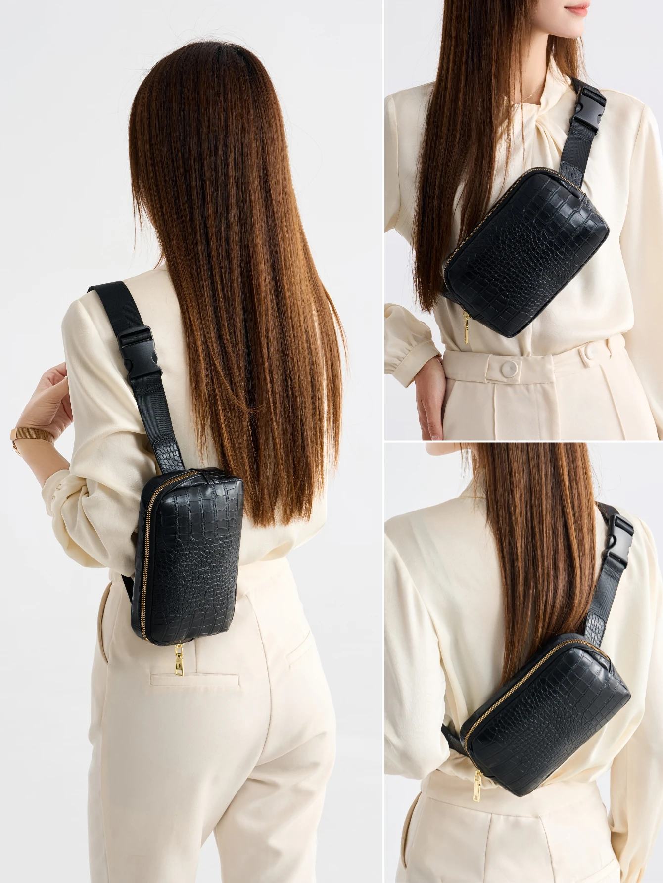 Fashion small chest bag solid color classic large capacitycrocodile pattern waist bag unisex adjustable shoulder strap sportsbag