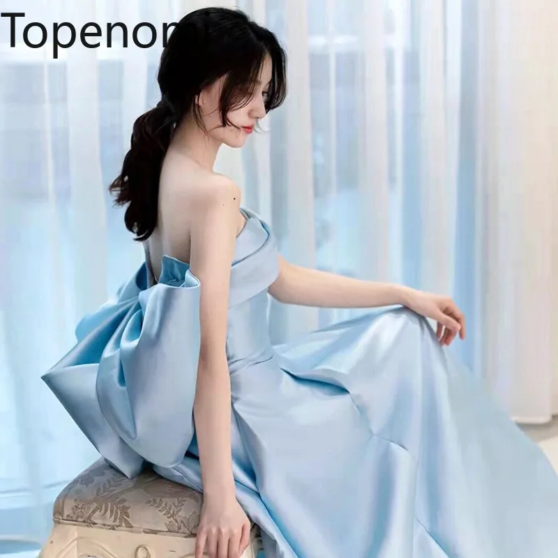 

Toprnomi Blue Princess Party Dress French Sweet Satin Strapless Bow Train Prom Evening Dresses Summer Elegant Wedding Vestidos