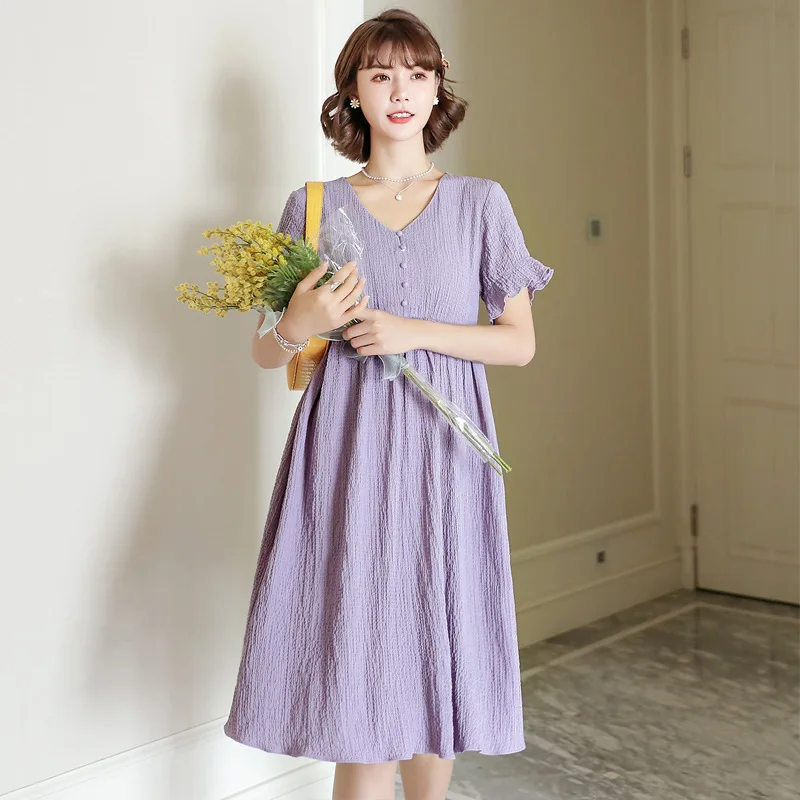 

Summer Plus Size Purple Maternity Dresses Pregnant Women Loose Dress V-neck Short Sleeves Pregnancy Clothing