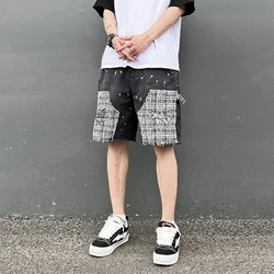 Black White Lattice Patchwork Jeans Shorts Hip Hop Speckled Ink Painting Straight Denim Shorts 2023 Mens Loose Casual Short Jean