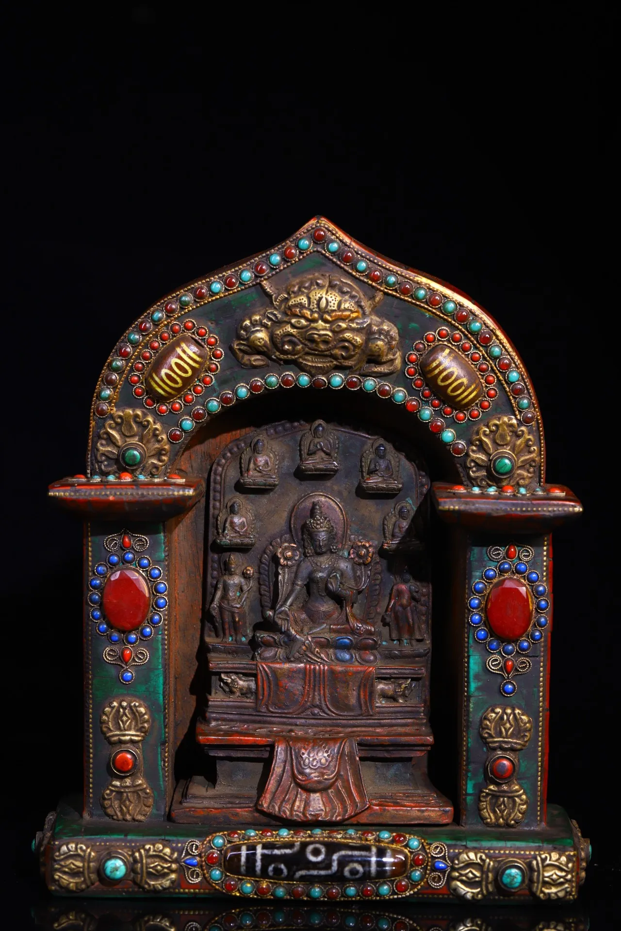 

Коллекция тибетских храмов 9 дюймов, старая бронзовая роспись, мозаика, драгоценный камень, gZi, бирюзовые, зеленые, тара, буддийские нишевые поклонения, зал