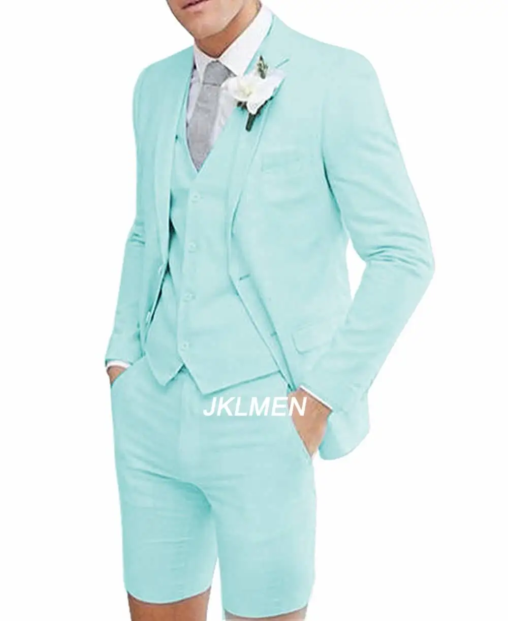 2024 New Summer Men's Casual Suits Slim Fit 3 Piece Notch Lapel Prom Tuxedos Best Men Short Pants Suit For Wedding Holiday