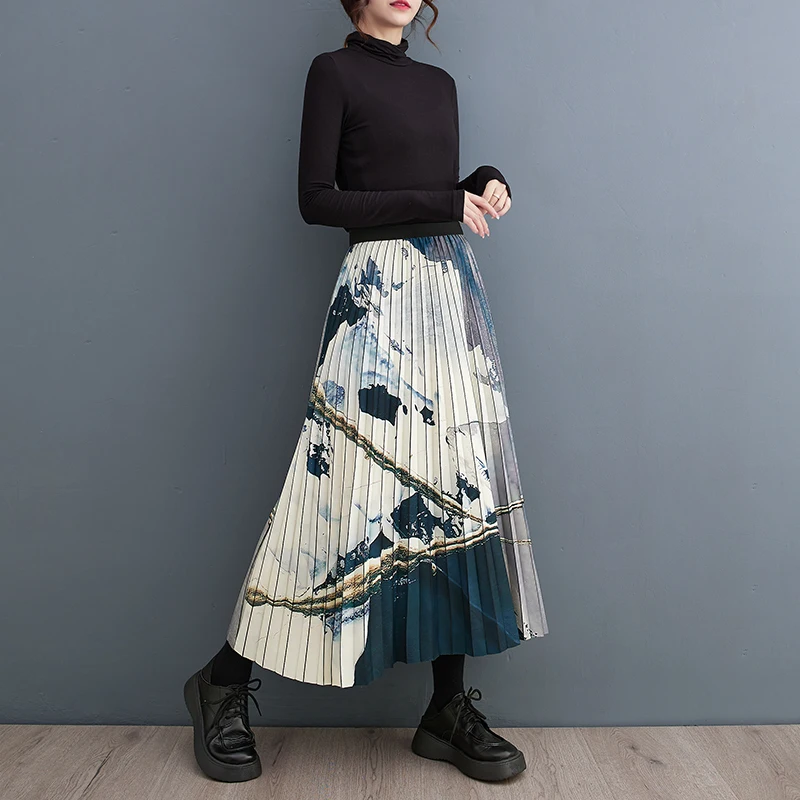 

SuperAen 2023 Autumn Korean New Joker Printing Loose Oversize Stitching Design Long Skirt for Women