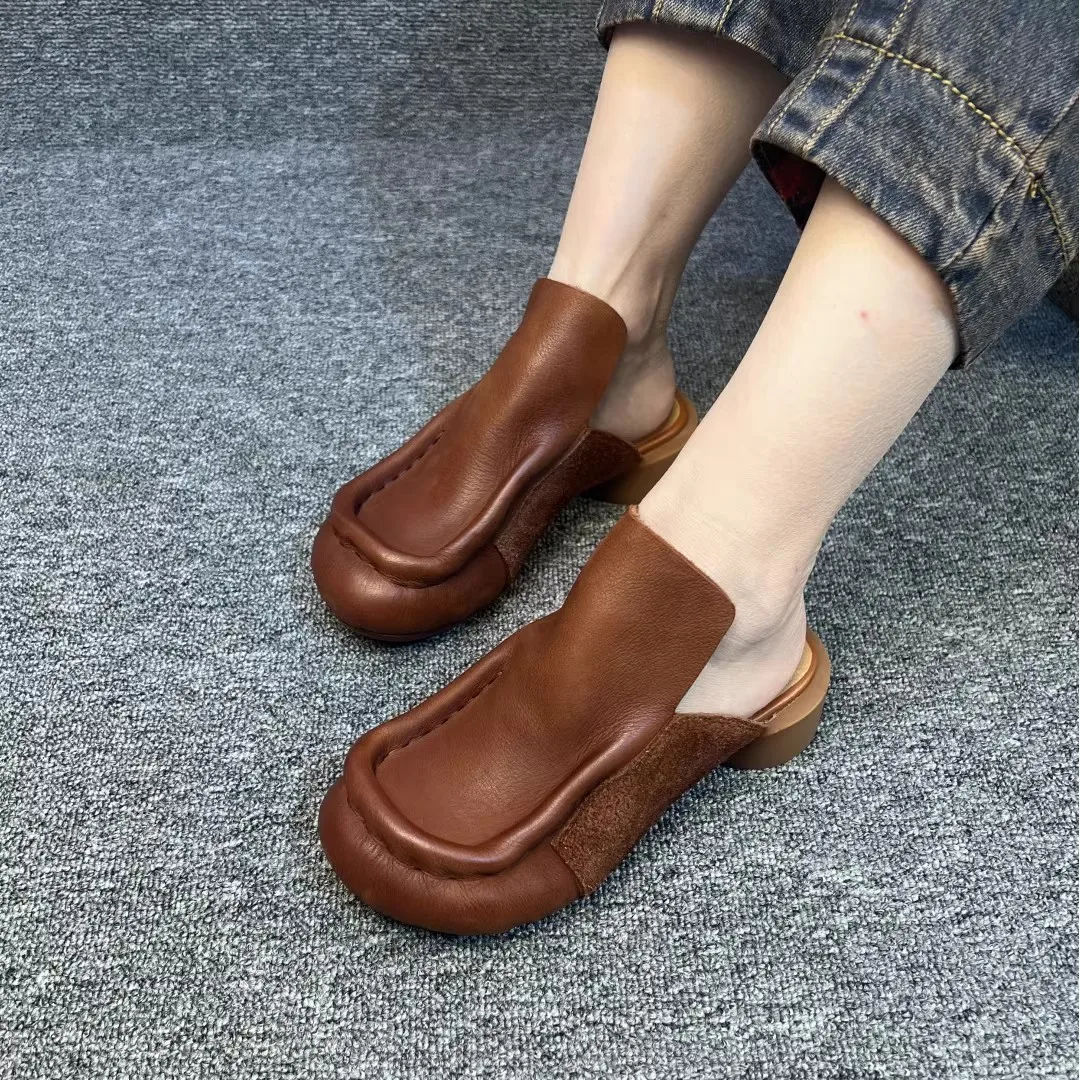 

PU Low Cover Toe Slippers Soft Summer Women's Shoes Pantofle Slides Square heel Comfort 2024 Block Scandals Fabric Hoof Heels Ro