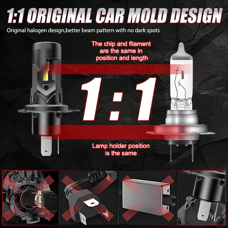 Dualvision 차량용 LED 헤드라이트 전구, 1:1 미니 사이즈, 2PCs 헤드램프, LED H4 무선 3570 CSP LED 칩, H7, 6000K 화이트, 12V