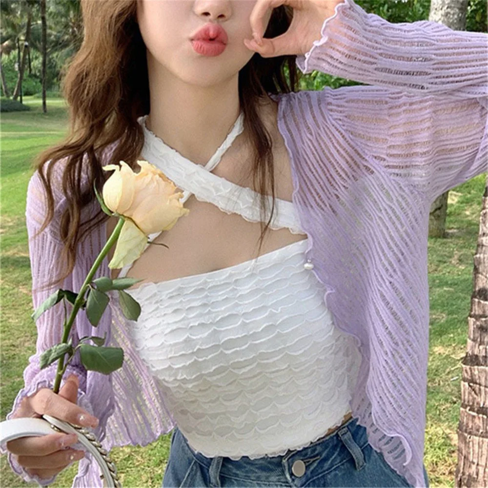 여성용 V넥 가디건, 루즈한 겉옷 니트, 긴팔 상의, 한국 할로우 아웃, 기본 상의, 2024 가을, 신상 패션