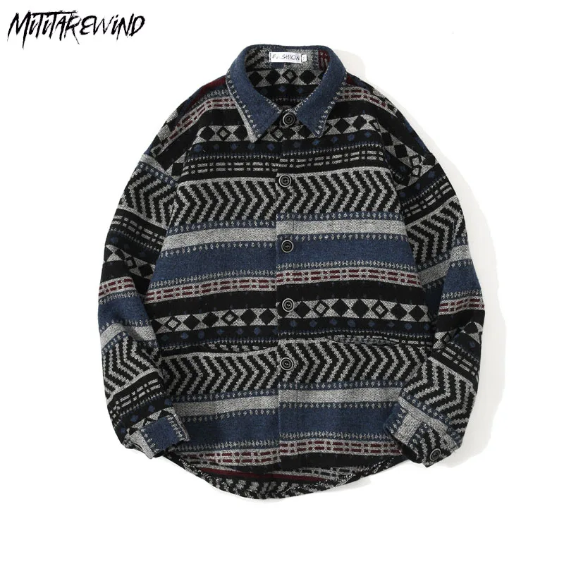 

2023 Japanese Casual Loose Shirts Couple Long Sleeve Single Breasted Print Graphic Fashion New Ethnic Style Print Stripe Shirts