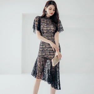 Fashion Korean Women Retro Short Sleeve Lace Perspective Midi Party Dress Elegant Sexy Street Clothes Coffee Break Female Dress