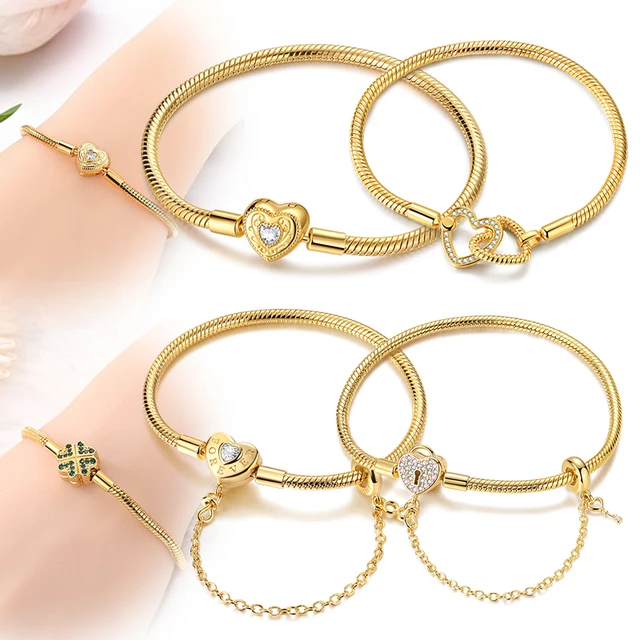 Original 925 Sterling Silver Gold Bracelet Bangle Golden Heart Star Four-Leaf Clover Bracelet Snake Chain For Women Gold Jewelry