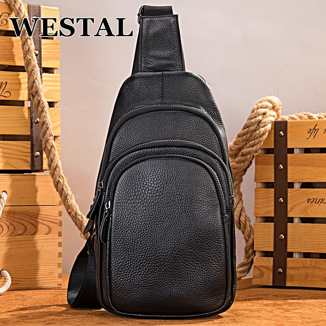 Unisex Leather Chest Bag Large Capacity Sling Bag Mens Leather