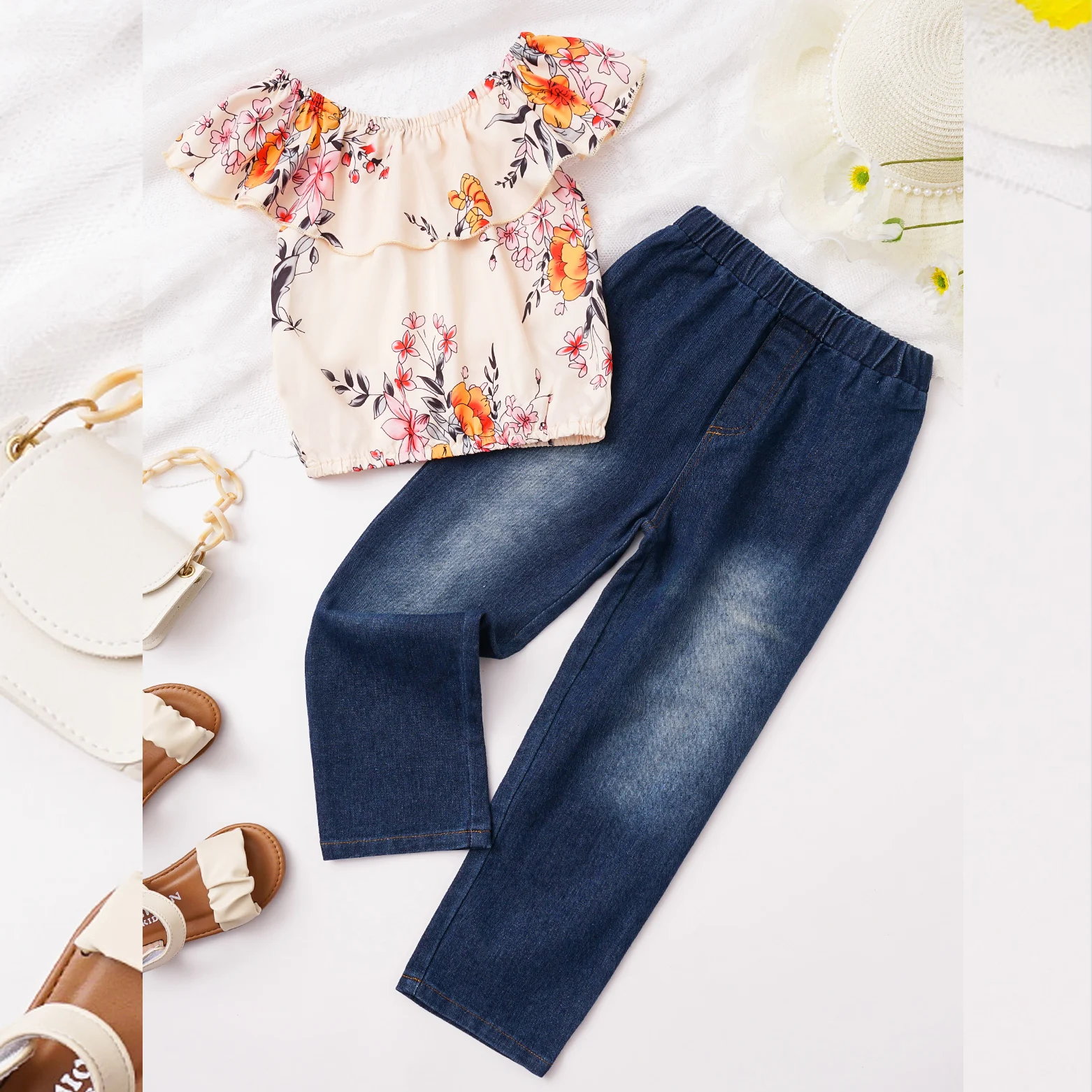 

Girls' Set Flying Sleeve Printed Top Denim Pants Fashion Two Piece Set 4-12Y