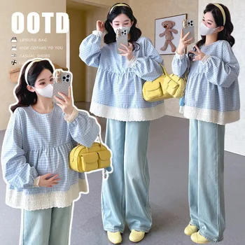 Maternity Blouse Spring Autumn Blue Plaid Round Neck Lantern Long Sleeve Lace Splicing Empire Waist Doll Shirt Sweet Cute 2026