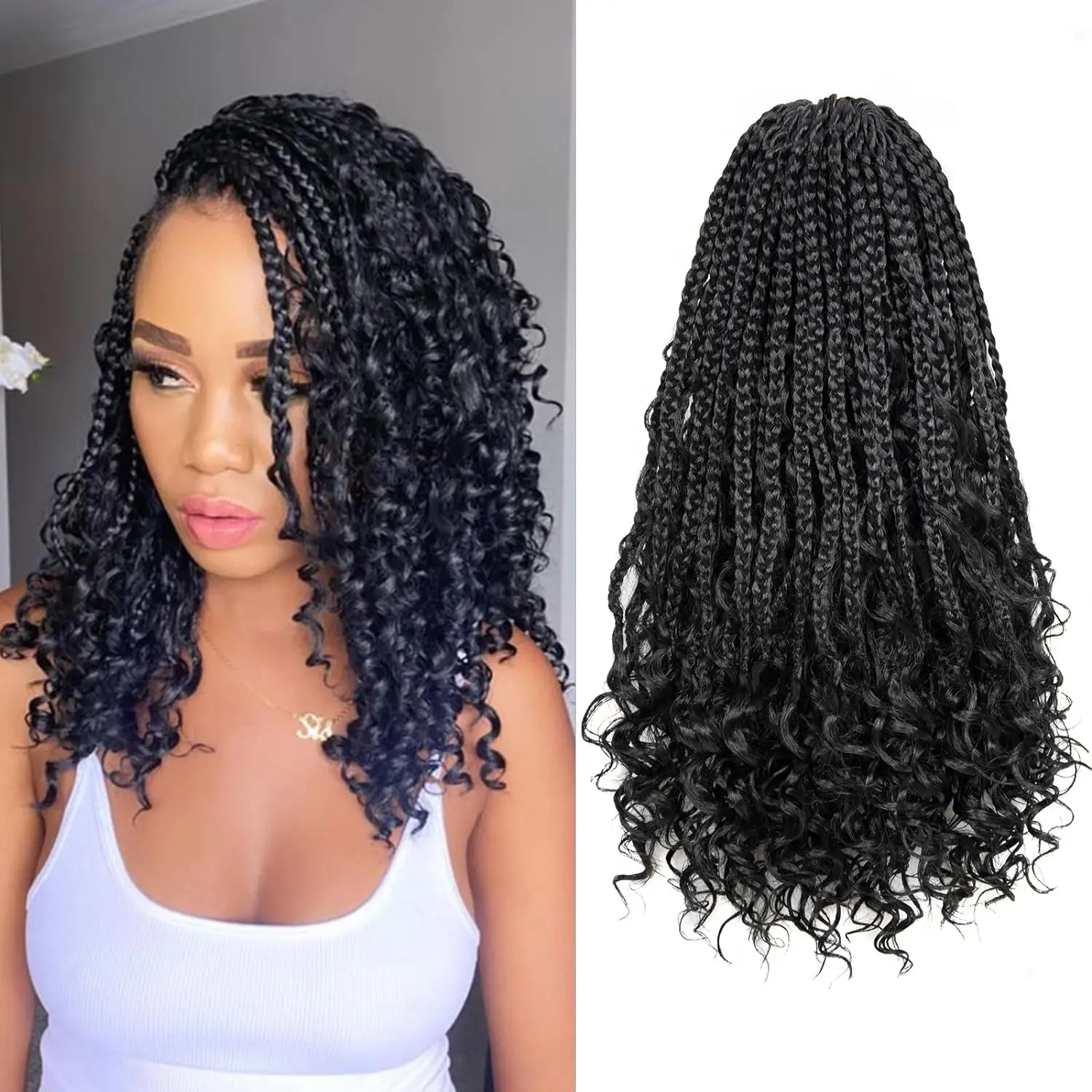 

Goddess Box Braids Crochet Hair With Curly Ends 14 Inch Crochet Braids Synthetic Braiding Hair Extension for Black Women