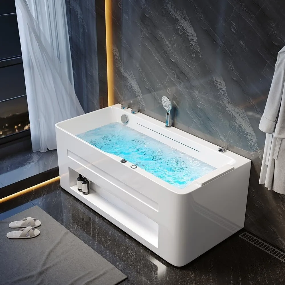 59'' Modern Acrylic Alcove Whirlpool Bathtub Rectangular Water Massage Bathtub Chromatherapy LED Soaking Tub with Bathtub Filler 2