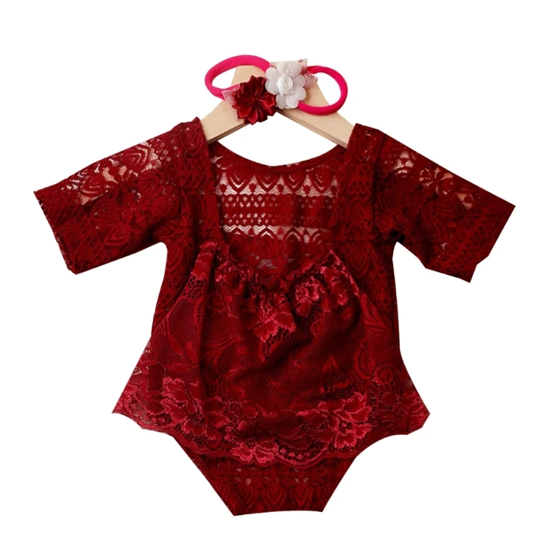 

Infant Photography Props Lace Romper Flower Headdress Baby Photo Suit Photoshooting Props Clothes Newborns Shower Gift Dropship