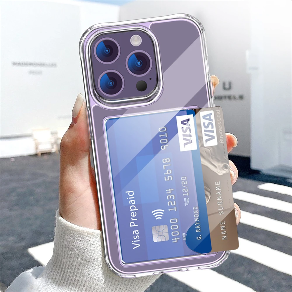 thumbnail image 1 of Four Corner Anti Falling Card Slot Bag Transparent Phone Case For iPhone 13 12 11 14 ProMax XR X XS 7 8 15 Plus HD Acrylic Cover, 1 of 5