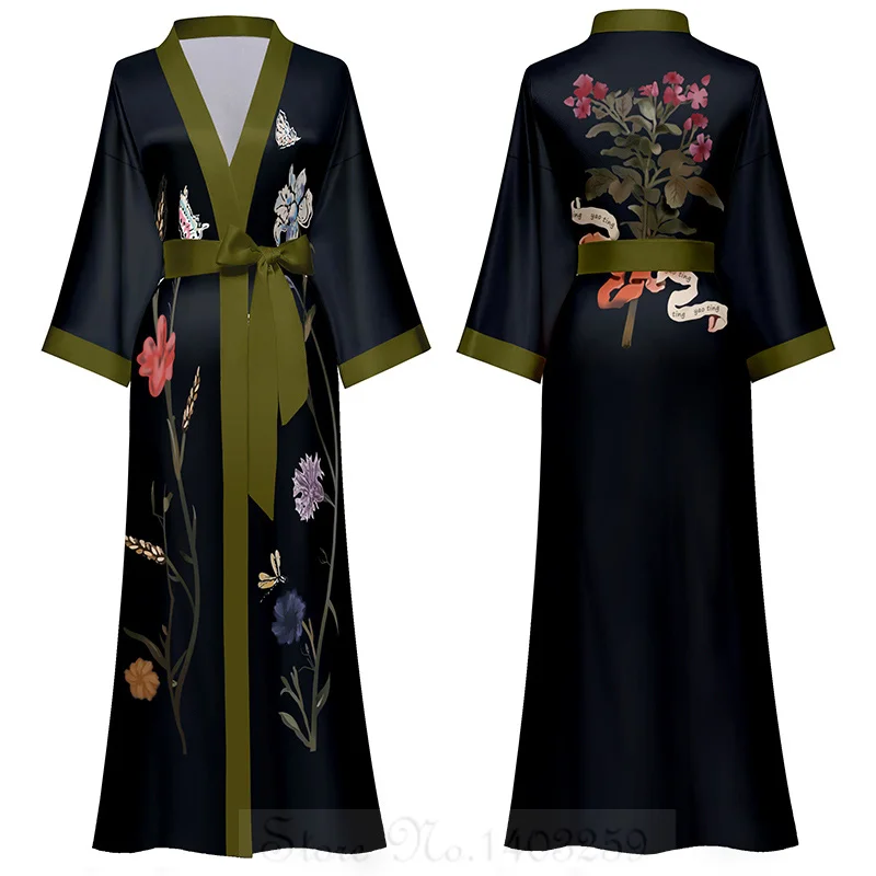Plus Size Female Long Robe Sleppwear Print Flower Kimono Bathrobe Gown Loungewear Spring Summer Loose Casual Satin Home Dress