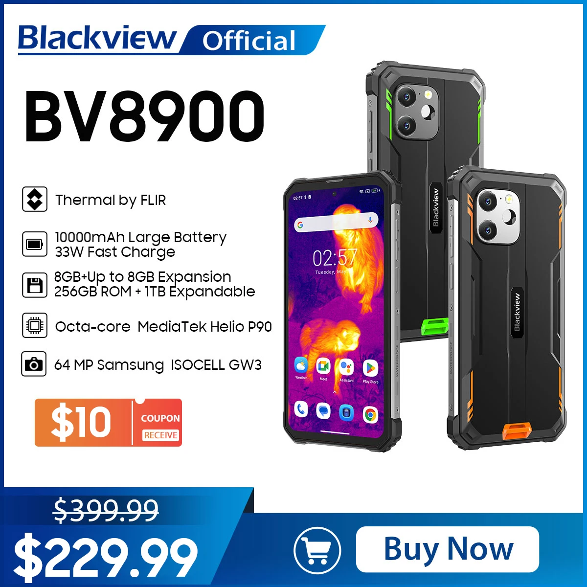 Smartphone Robusto Blackview Bv8900, Display Android 13 2.4K, Telefono Cellulare Helio P90 Da 16Gb + 256Gb, Aggiornamento Termico Di Flir®Telefoni Tel