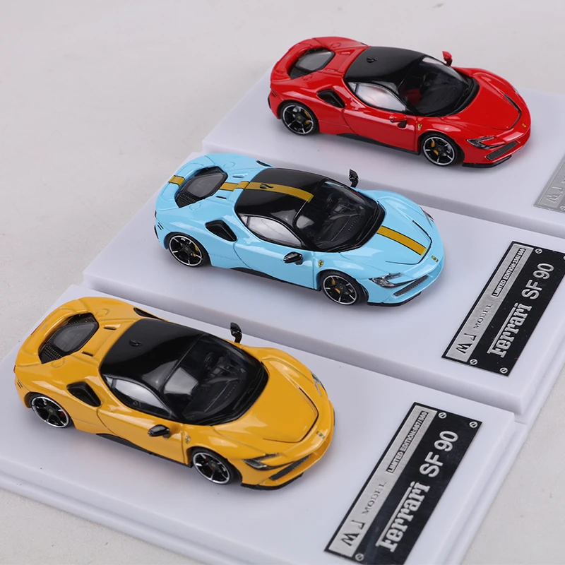 MJ 1:64 SF90 레드/블루/옐로우 합금 시뮬레이션 자동차 모델 장난감 컬렉션 전시용품