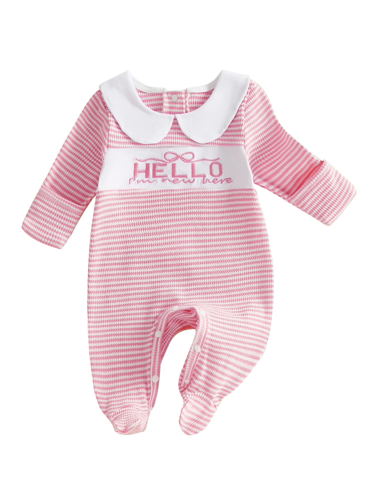 Toddler Girl Autumn Romper with Long Sleeves Peter Pan Collar Embroidered Bow Detail and Striped Design - Adorable