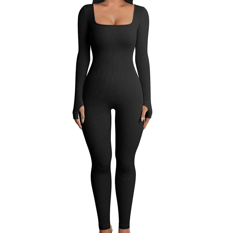 Jumpsuits for Women Black Sexy Tight One Piece Bodycon Rompers Ribbed Square Long Sleeve Overalls Fitness Yoga Jumper Mujer H212